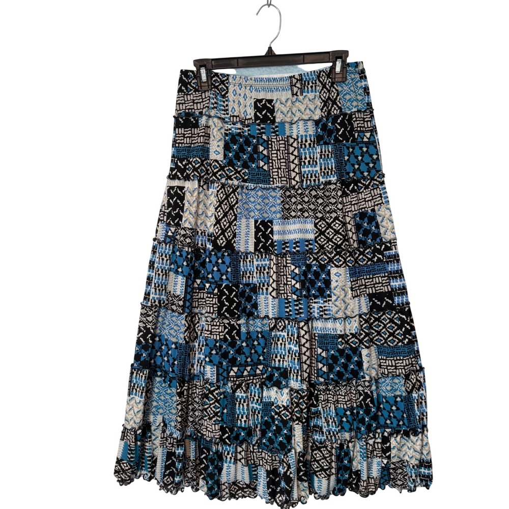 JM Collection Womens Blue Patchwork Tiered Midi Skirt Size M Boho